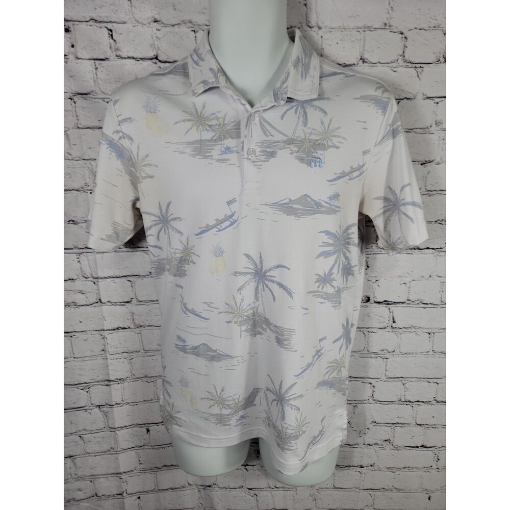 Travis Mathew Polo Shirt Mens Small Blue Gray Leaf Print Hawaiian Golf Casual